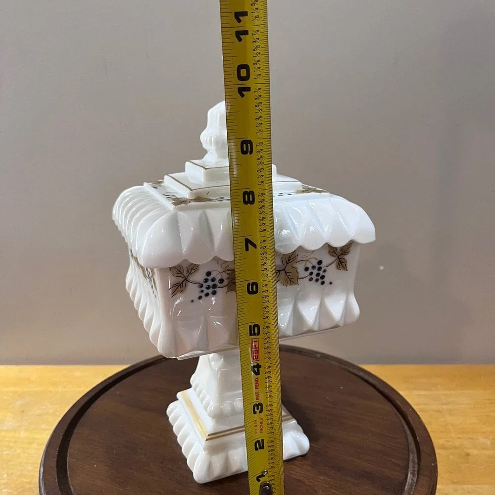 Vtg Westmoreland Milk Glass Wedding Cake Box Grapes Gold Trim Pedestal Dish 9.5